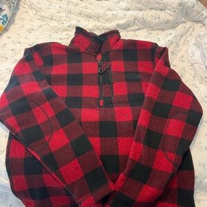The North Face Red and Black Checkered Zip-Up Sweater